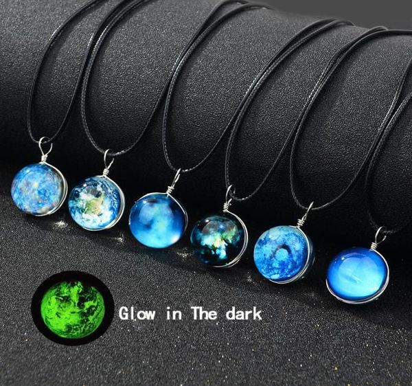 

new glow in the dark galaxy universe necklaces luminous glass cabochon star moon pendant black wax rope chain for women men fashio6231515, Silver