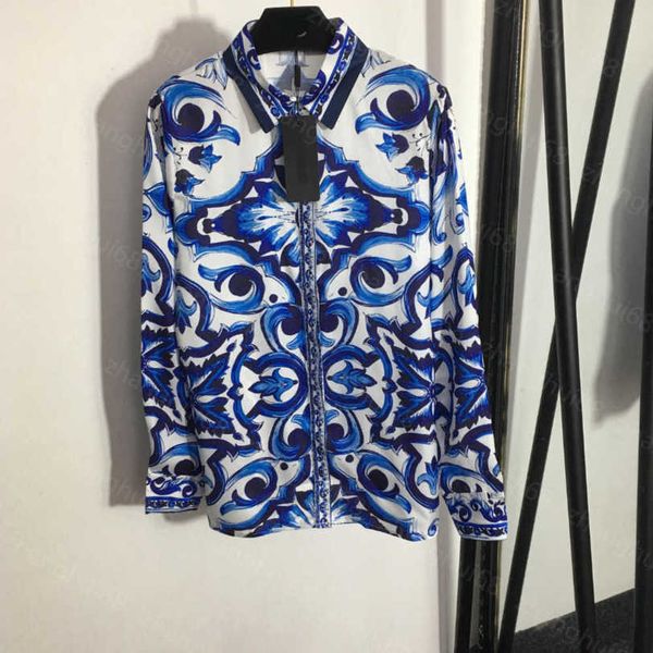 

23ss high neck blouse women shirt womens designer clothing blue and white porcelain printed long sleeve temperament shirt women clothes a1