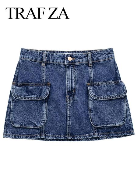 

dresses trafza women's blue denim mini skirt front flap pockets cargo skirts high waist zipper fly slim skirts lady streetwear, Black;gray
