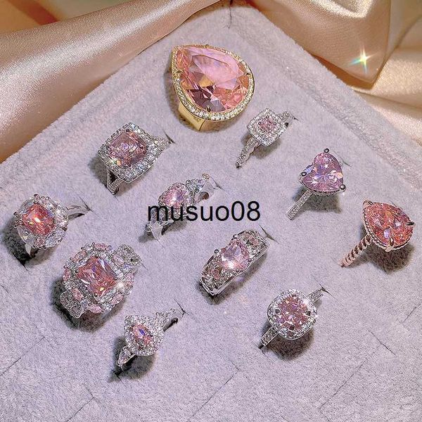 

band rings 2023 new classic 925 silver inlaid zircon engagement ring pink crystal women shiny zircon jewelry heart-shaped pink women's