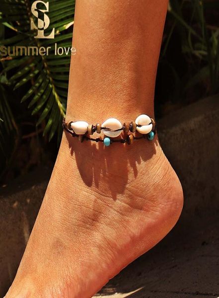 

bohemian woven shell wax rope ankle bracelets for women fashion handmade braid wooden beads anklets beach foot jewelry whole2995455, Red;blue