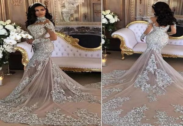 

long sleeve silver mermaid wedding dress sheer high neck applique sequins beaded saudi arabic bridal gown covered botton back8199214, White
