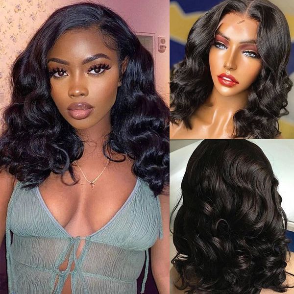 

13x4 body wave lace frontal bob wig brazilain human hair wigs remy short water wave 4x4 bob lace closure wig for women, Black;brown