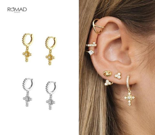 

geometric cross pendientes hoop earrings for women gothic zircon pierced 925 sterling silver earings fine jewelry kolczyki huggi5436403, Golden;silver