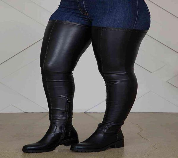 

big size 43 black over knee high boots stretch fabric fit all size ladies round toe thigh high long boots low chunky heel y11261923541