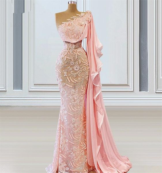 

chic pink mermaid evening dresses one shoulder lace appliques party gowns women prom dress front split floor length elegant robe d5819878, Black;red