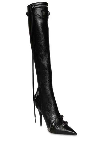

hbp 2022 summer thigh high boots leather for women pointed head side zipper boots metal rivet motorcycle3587558, Black