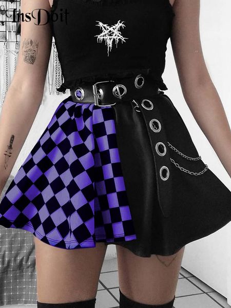 

capris insdoit gothic plaid patchwork black purple skirt women haruku pleated skirt punk y2k aesthetic summer high waist skirts, Black;white