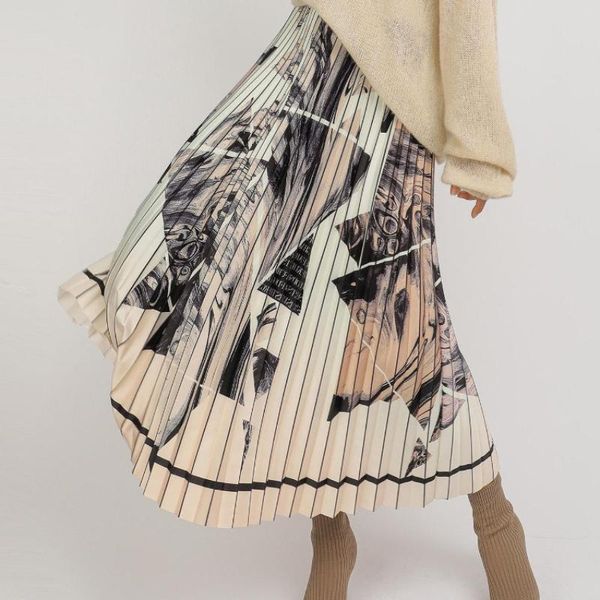 

dresses fashion ink printed pleated long skirt spring summer abstract printing aline calf long drape skirts, Black;gray