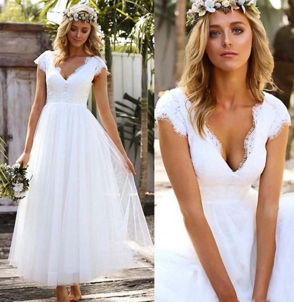 

tea length vneck wedding dresses with short sleeve lace tulle country wedding dress bridal party dress for guest custom made9995024, White