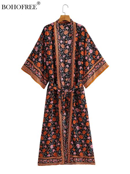 

dresses boho vinatge floral print long duster rayon cotton robes bohemian maxi hippie wrap dresses women ethnic style long kimono, Black;gray