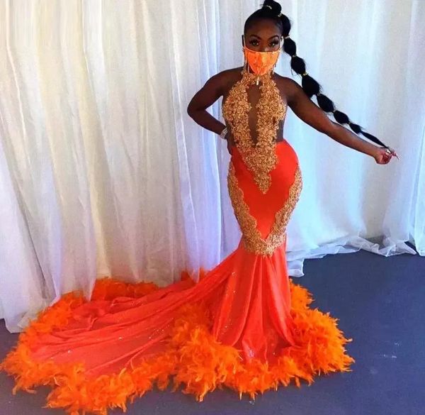 

orange feathers mermaid prom dresses for black girls halter lace appliques backless evening birthday party dress long african vog31109620, Black;red
