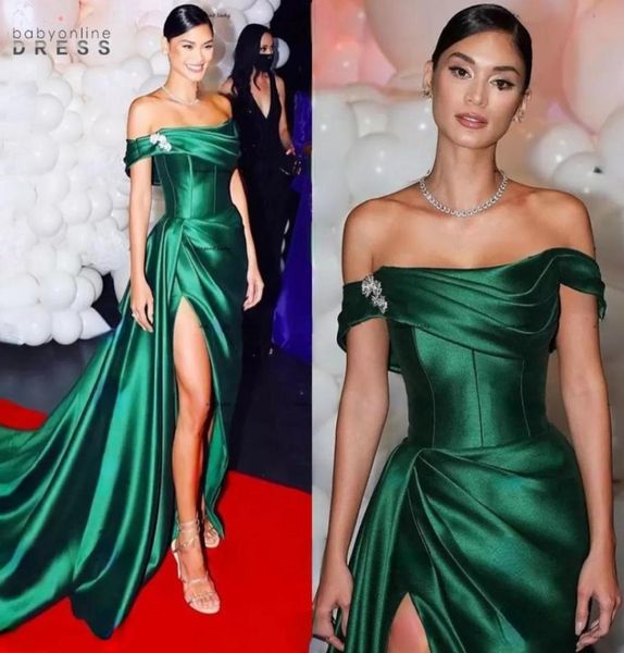 

2022 hunter green red carpet evening dresses off shoulder slit dubai arabic aso ebi pleated stain prom dress vestidos de noche3067153, Black