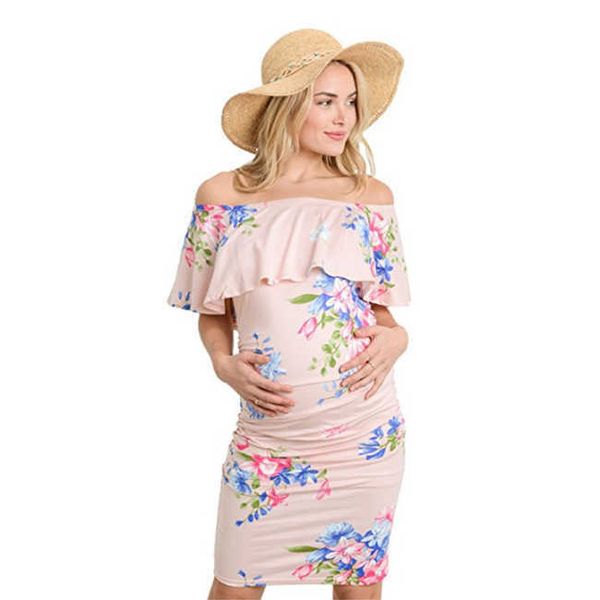 

maternity dresses knee length dress 2022 summer pregnancy casual slanted neck shoulder short sleeve ruffled pregnant women's plus size, White