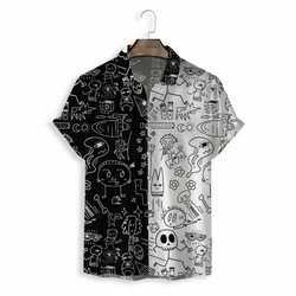 

all sample over print button up shirt cartoon graffiti shirt breathable summer shirts men tujr, White;black