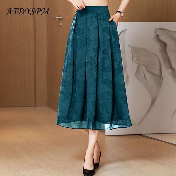 

dresses 2023 summer fashion jacquard silk skirts women high elastic waist pleated aline long skirt female casual skirts faldas mujer, Black;gray