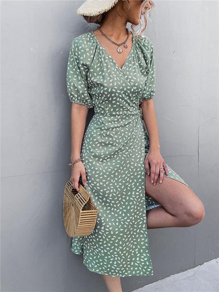 

dresses casual women chiffon dress v neck side wrap midi dress summer polka dot dress female puff sleeve boho fashion aline split dress, Black;gray