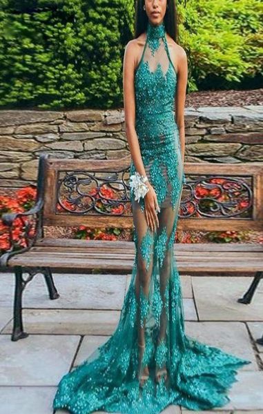 

2020 prom dresses lace mermaid sheer high neck long evening gowns illusion long women formal party dress wear6723386, Black