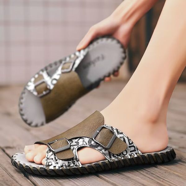 

men's slippers summer leather high-quality outdoor non-slip deodorant personality leisure beach sandals large size 39-47, Black