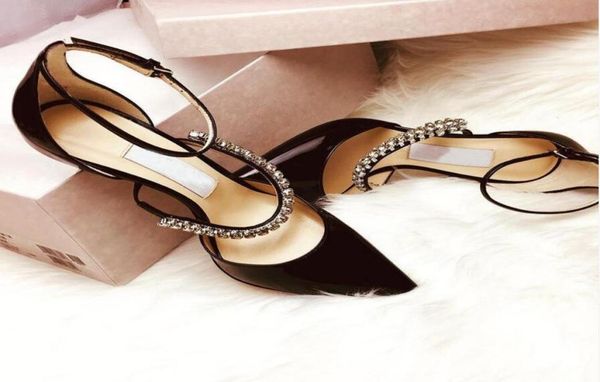 

blackwhite sandal patent leather tip pumps famous brands women pump high heels crystal straps stiletto heels party wedding d5970235, Black