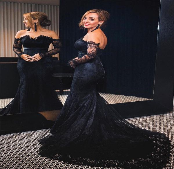 

black lace formal dresses evening wear off the shoulder sweetheart neck mermaid evening gowns sleeves sweep train long prom dress8013144, Black;red