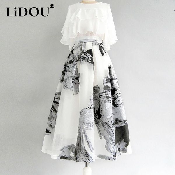 

dresses summer oversized casual fashion ruffles shirt floral printing skirts set ladies solid short blouse high waist aline skirt suit, Black;gray