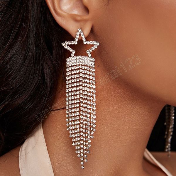 

trendy metal rhinestone star tassels dangle earrings bridal wedding banquet shiny jewelry women's elegant accessories, Silver