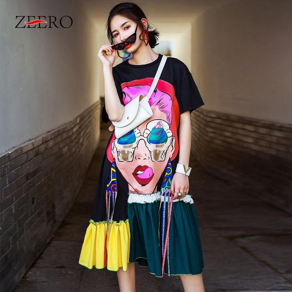 

dresses korea summer streetwear 3d cartoon ribbon sequins print mesh ruffles sleeve tassel t shirt dresses women casual black dress, Black;gray