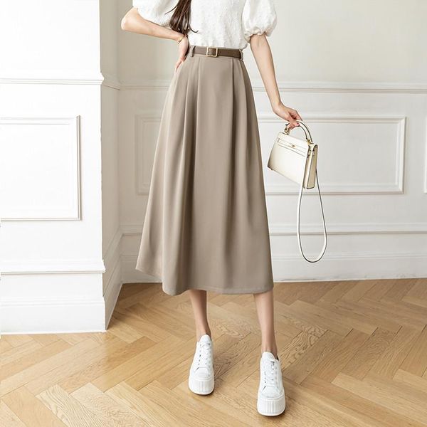 

dresses women long skirt office lady work wear high wasit a line solid vintage elegant skirt with belt big swing chic i462, Black;gray