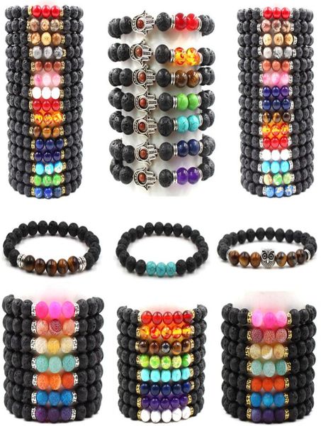 

couples beaded strands bracelets women men bracelet lava turquoise tiger eye stone fatima hand owl bangles jewelry gift7500135, Black