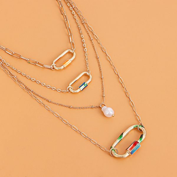 

necklace cool multi-layered geometric hollow oval pearl pendant necklace, hip-hop street necklace pendant necklace retro combined necklaces, Silver
