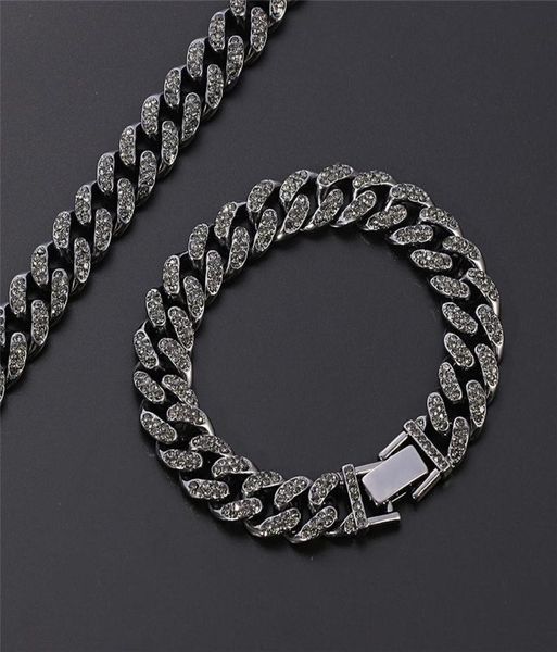 

13mm hip hop miami curb cuban chain bracelets black iced out rhinestones bracelet male cz bling dj rapper men jewelry whole ch8167042, Golden;silver