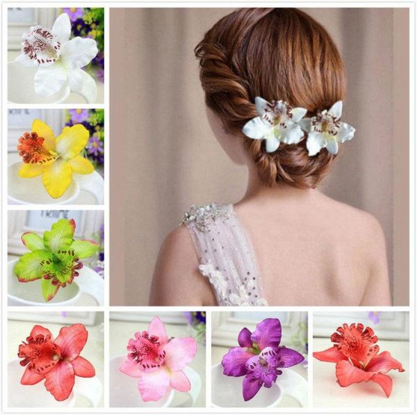 

colorful bridal wedding orchid flower hair clip barrette women girls accessories hair jewelry bride sweet hairpins side clip beach9623117, Golden;silver