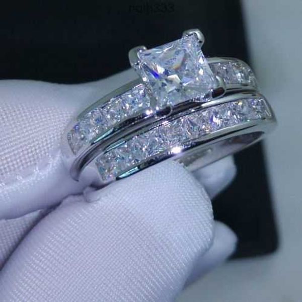 

luxury size 5/6/7/8/9/10 jewelry 10kt white gold filled z princess cut simulated diamond wedding ring set gift with boxw2dm, Golden;silver