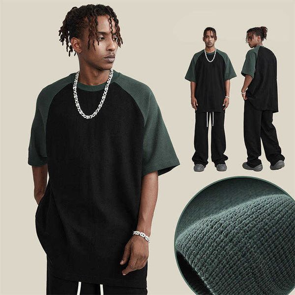 

g contrast heavy sleeve round neck waffle split shortsleeved tshirt american street loose retro trend tshirt men azta, White;black