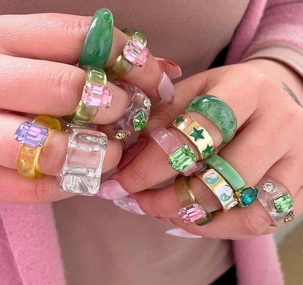 

cluster rings geometry irregular round resin ring set for women colorful rhinestone chunky acrylic fashion wedding jewelry gifts3655213, Golden;silver