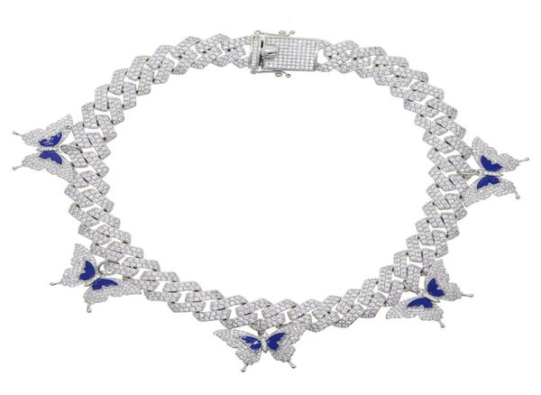 

multi big butterfly choker pendant necklace jewelry hip hop silver color 15mm cuban chain cz paved buttetfly charm jewelrys3620510