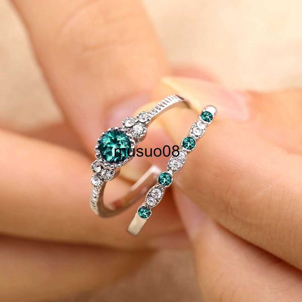 

band rings 2pcs/set 2018 luxury green blue stone crystal rings for women sliver color zirconia wedding engagement ring jewelry size 6 7 8 9, Silver