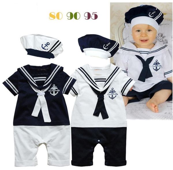 

2019 summer baby boy romper navy style turndown collar with tie toddler costume with hat newborn baby clothes 809095 3pcslot a8677901, Blue