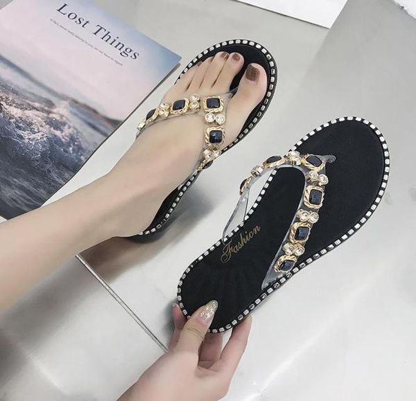 

sandals glitter slippers women summer fashion bling female outer wear toe flip flops beach diamond flat shoes slip1525117, Black