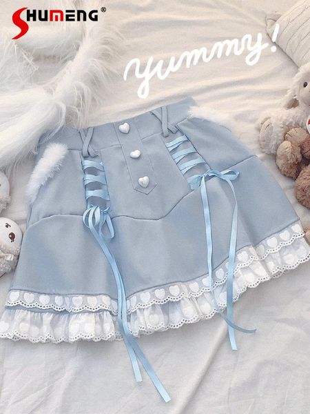 

dresses sweet girl's heartshaped lace band mini skirt female 2023 spring new janpanese style woman love button high waist short skirts, Black;gray