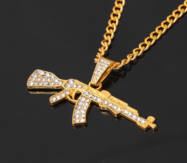 

alloy ak47 gun pendant necklace iced out rhinestone with hip hop miami cuban chain gold silver color men women jewelry5801033