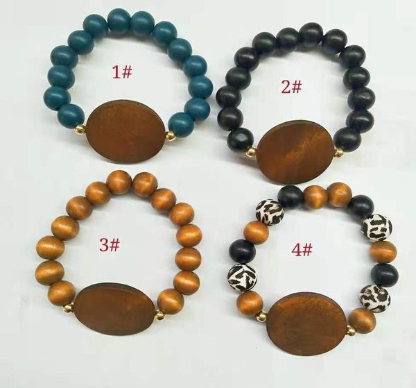 

foreign trade 12 cm solid color leopard wood bead bracelet blank disc elastic rope chain multicolor optional6383721, Golden;silver