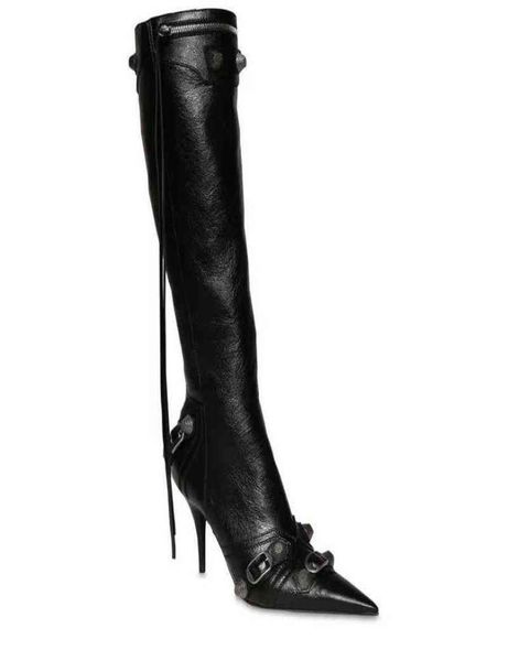 

hbp 2022 summer thigh high boots leather for women pointed head side zipper boots metal rivet motorcycle1231459, Black