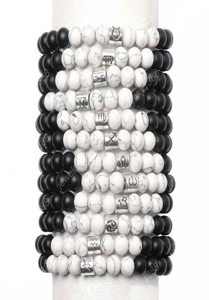 

12 zodiac 8mm dull polish stone howlite elastic beaded bracelets vintage constellation horoscope charm bracelets jewelry for men w6326383, Black