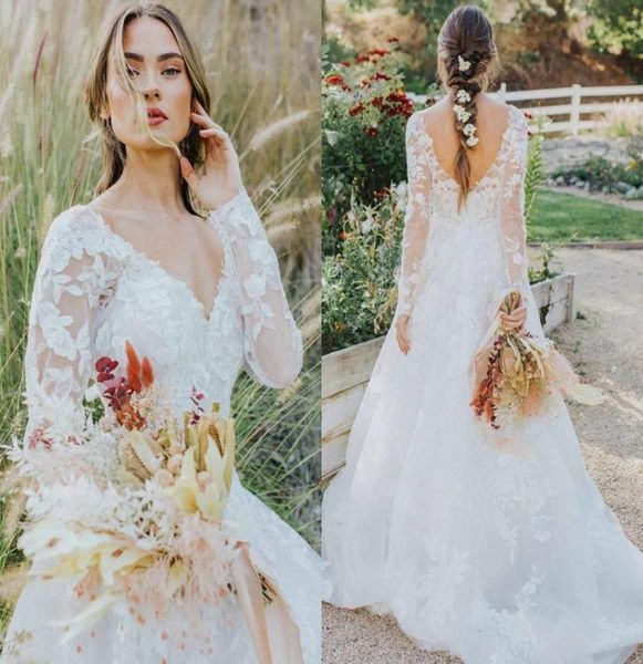

trendy lace wedding dresses romantic sheer long sleeve appliques country garden bohemian bridal gowns open back boho robe de 5446295, White