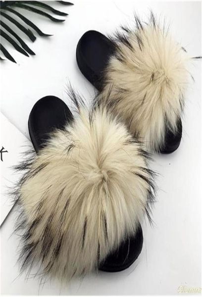 

real raccoon fur slippers women sliders casual fox hair flat fluffy fashion home summer big size 45 furry flip flops shoes y2004234866840, Black