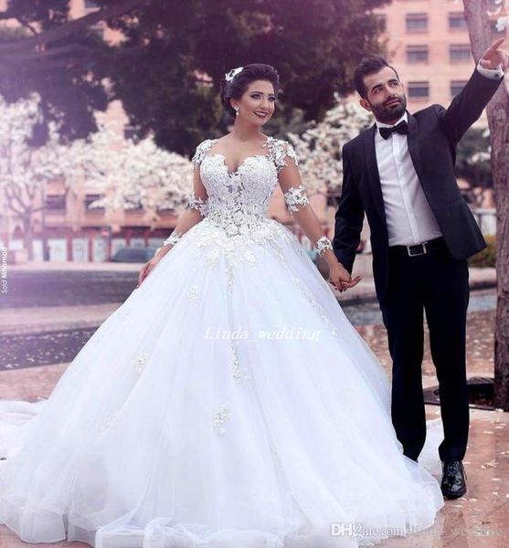 

2019 africa long sleeves appliqued a line wedding dress vintage layered tulle bridal gown plus size custom made1606474, White