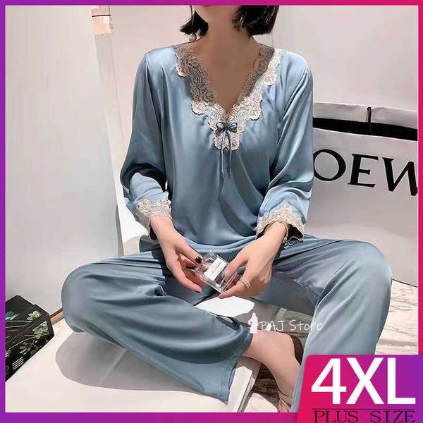 

pyjamas women satin sleepwear pajama set spring long-sleeved for women korean lace loose oversize 4xl home clothes summer home suit j230601, Red;black