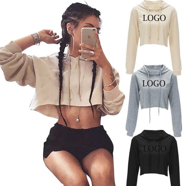 

2023 new europe and the united states solid color umbilical short section hooded long-sleeved sports thin sweater female support custom, Black